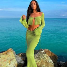 Work Dresses Female Blouse Gradient Color Long-sleeved Sexy Hanging Neck Halter Contrast Long Skirt Two-piece Suit Elegant
