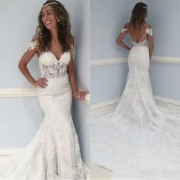 Mermaid Applique Lace 2020 Dresses Capped Sleeves V Neck Chapel Train Backless Custom Made Wedding Bridal Gowns Plus Size