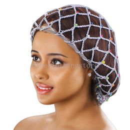 Inlaid Colourful Pearl Hair Nets Long Pattern Cotton Wig Weaving Cap Mesh Base Machine Made With Hair Net For Women's Sleeping
