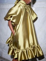 Party Dresses Bonboho Fashion Dress For Women Solid Gold Turtleneck Puff Sleeves Loose Midi Spliced Ruffles Birthday