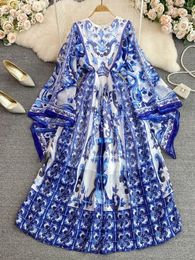 Maxi Dress Women Batwing Sleeve Blue and White Porcelain Printing Bohemian Vacation Fashion Designer Summer Dresses Faldas 240422
