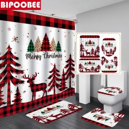 Curtains Elk Christmas Tree Shower Curtains for Bathroom Festival Decor Merry Xmas Bath Mats Nonslip Rug Toilet Cover Bathtub Curtain
