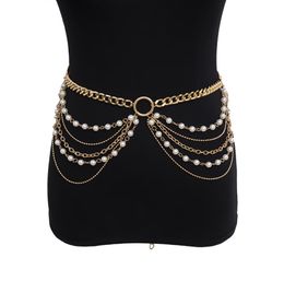 Women039s Artificial Pearl Metal Waist Chain Luxury Banquet Dress Chains Gold Colour Multilayer Decorative Chains Waist Chain4355046