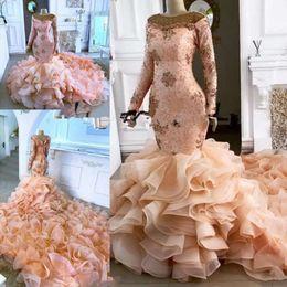 Denizkızı allık elbiseler pembe düğün gelin elbisesi uzun kollu boncuklu kristaller basamaklı fırfırlar kepçe boyun özel yapımı şapel tren vestido de novia