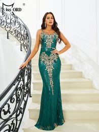 Missord Green Prom Dresses Elegant Women Spaghetti Strap V Neck Print Sequin Bodycon Mermaid Party Dress Woman Long Evening Gown 240425