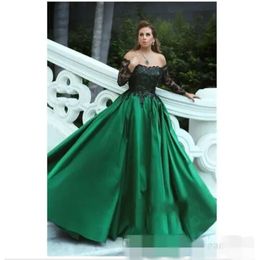 Lace 2020 Dresses Black Prom Vintage Green Appliqued Off The Shoulder Long Sleeves Satin Ball Gown Ruched Formal Evening Graduation Wear