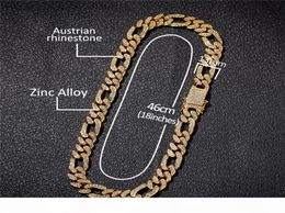 18K Gold Plated Figaro Cuban Chain Iced Out Full Rhinestone 13mm Alloy Heavy Miami Cuban Link Chain Bracelets Necklace3899151