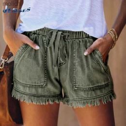 Kvinnors shorts Elastic midja Casual Womens High midja tunn spetsar stor lös tunna Sexiga fickdenimshorts 2022 WX