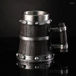 Mugs Imitation Wood Retro Beer Mug Resin 304 Stainless Steel Barrel Coffee Cup Viking Double Wall Jug Large Capacity Water