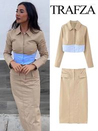 Work Dresses TRAFZA Women's Spring Dress 2-piece Set Chic Splicing Slim Long-sleeved Shirt Quilted Pockets Straight Skirt Fit