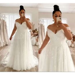 Bridal Dresses Plus Wedding Size Gown Off The Shoulder Neckline Tulle Lace Applique Sweep Train Custom Made Beach Vestidos De Novia Designer signer