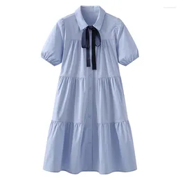 Party Dresses Casual Shirt Dress Women White Summer 2024 Korean Preppy High Waist Puff Short Sleeve Mini Cute Bandage School Uniform