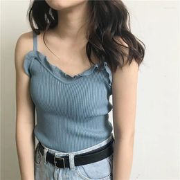 Women's Tanks Summer Women Fashion Slim Knitting Ruffled V-neck Camis Tops Girl Knitted Tank Sleeveless T-shirts Tees