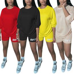 Women's Tracksuits 2pcs/set Women Casual Tracksuit Letters Print O Neck Blouse Elastic Shorts Solid Colour Lady Sports Suit