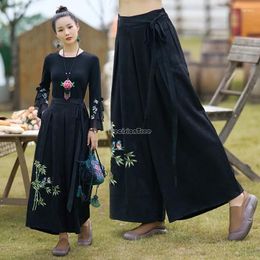 Ethnic Clothing 2024 Chinese National Style Autumn Winter Embroidery Women Pants Retro Loose Casual Fashion Wide-leg T001