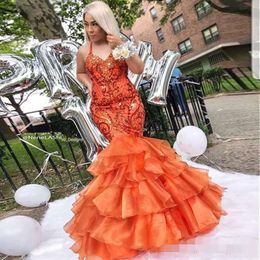 Dresses Prom Orange 2019 Halter Mermaid Tiered Organza Skirt Floor Length Sequins Appliqued Plus Size Custom Made Long Evening Gown