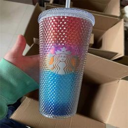 TTARBUCKS Cold Mugs with Studded Godness 24oz 710ml Tumbler Double Wall Matte Plastic Coffee Cups With Straw Reusable Clear Drinking 255r