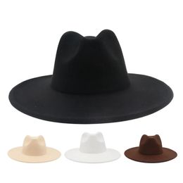 9.5cm Large Brim Classic Fedoras Hat Unisex Monochrome Formal Dress Vintage Women Felt Hats Simple British Style Jazz Men Hats 240430