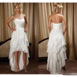 Sukienki plażowe Warstwowe ukochane 2020 Najnowszy szyfon o wysokiej niskiej koronkowej aplikacji Pleats Ruched Wedding Bride suknie Vestido de novia