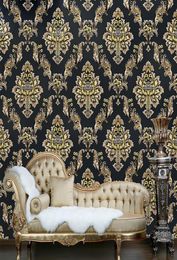 European 3D stereo Damascus deep embossed wallpaper black gold flower living room TV background wall el household wall decor1324301