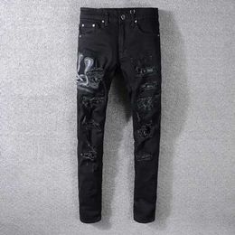 Men's Jeans American Street Style Fashion Mens Jeans Slim Fit Snake Embroidery Punk Ripped Designer Streetwear Hip Hop1z500