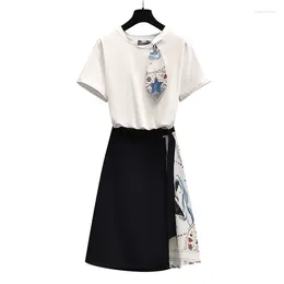 Work Dresses 2024 Summer Women Fashion Prnited Set Of Two Piece Cotton Top And Midi Splicing Skirt Plus Size Matching Outfit Casual Slim