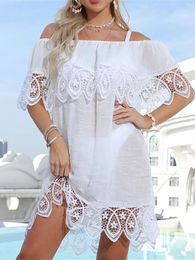 Sexy Embroidery Lace Off Shoulder Tunic Beach Cover Up Cover-ups Dress Wear Beachwear Female Women