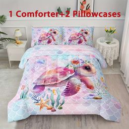 Duvet Cover 3pcs Quilt Mermaid Turtle Pattern Set, Soft Comfortable Quilt, Durable Breathable 100% Polyester Bedding Set For Bedroom, Guest Room (1*Quilt + 2*Pillowcases,