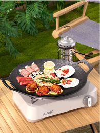 Grills 28/30/32/34/38cm Grill Pan Korean Round NonStick Barbecue Plate Outdoor Travel Camping BBQ Frying Pan Barbecue Accessories