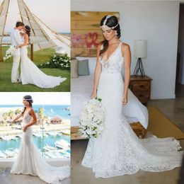 Dresses Wedding 2021 Lace Boho Bridal Gown Summer Beach Straps Deep V Neck Sweep Train Custom Made Plus Size Vestidos De Novia estidos