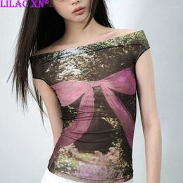 Women's Tanks Y2K Fashion Bowknot Print Sleeveless T-Shirts Tank Tops Sexy Vintage Lace Mesh See Through Off Shoulder Women Summer Tees