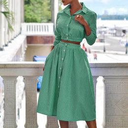 Work Dresses LFRVZ 2024 INS Striped Chiffon Young Causl Office Lady Shirt Dress Set Full Sleeve Long Ball Gown Skirt Women 2 Piece