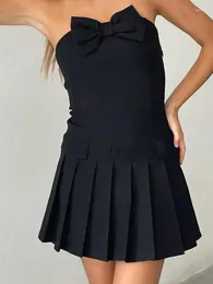 Casual Dresses Women'S Summer Mini Strapless Evening Dress Black Sleeveless Off Shoulder Bow Tube Hem Pleated Skirt