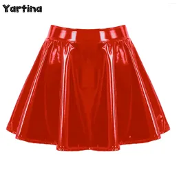Skirts Women's Glossy Latex Patent Leather Wet Look Flared Pleated Mini Skater Casual A-line Short Clubwear