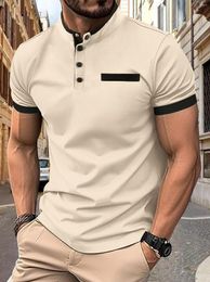 Men's Polos High Quality Fashion Polo Shirt Summer Short Sleeve Plaid Button Solid Color Standing Collar