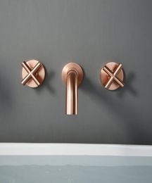 Brass Brushed Rose Gold Brass Double Cross Handle Bath Wall Mounted 3 Hole Water Bathroom Home Sink Faucet Cold Tap InWall1947010