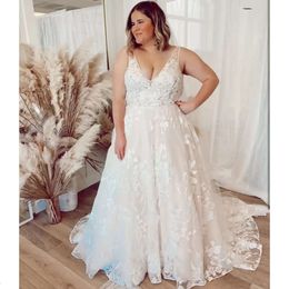 Size Boho Gown Wedding Dresses Plus Bridal Lace Applique Bodice Sweep Train V Neck Tulle Sleeveless Custom Made Robe De Mariee