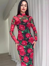 Casual Dresses 2024 Spring Red Flowers Printed Mid-calf For Women Elegant Vintage High Waist Bodycon Long Sleeve Evening Party Dress