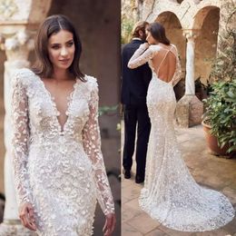 Elbise elbiseler Mermid Düğün Bridl ile 3D Florl Aplike Uzun Kollu LCE Derin V Boyun Özel MDE PLUS BOYKA BDLESS SÜPÜRÜ TRIN TUL TULLE VESTIDOS DE ESTIDOS