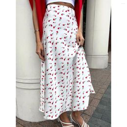 Skirts 2024 Women's Elegant A-Line Flower Print White Long Skirt High Waist Summer Femme Faldas Jupe Saia Spring Maxi