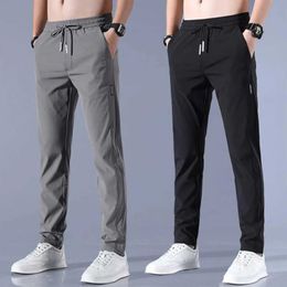 Men's Pants Mens Ice Silk Mens Solid Colour Mid Waist Loose Breathable Straight Leg Casual Pants Thin Quick Drying Sports Belt PocketsL2405