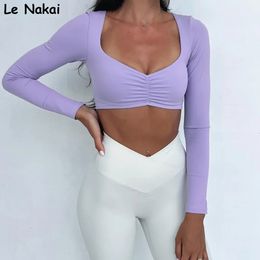 Long Sleeve Yoga Shirts for Women Workout Gym Crop Top Exercise Padded Scrunch Bust Clothes Active Wear 240426