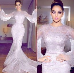 Newest Arabic Mermaid Formal Dresses Evening Wear Long Sleeve Full Lace Pearls Prom Gowns Plus Size Prom Dresses Long BWLF142214997