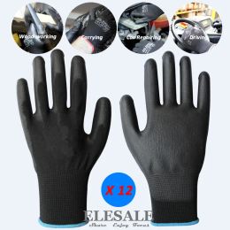 Gloves 12 Pairs Work Gloves Safety Nylon Knitted Gloves With PU Coated For Builder Driver Gardening Mechanic Protective Gloves