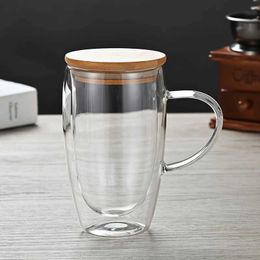Tumblers 1pc 350ml 450ml Double Walled Glass Coffee Mug With Bamboo Lid Handle Cappuccino Cup Tea Clear Glasses H240506