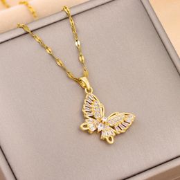 Pendant Necklaces Sweet Zircon Crystal Butterfly For Women Temperament Light Luxury Gold Colour Stainless Steel Neck Chain