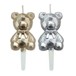 3PCS Candles 2pc Geometric Bear Candles Cake Topper Decoration Gold Silver Cake Candle Wedding Birthday Party Anniversary Decor Accessories