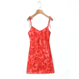 Casual Dresses Summer Clothes Women 2024 One Pieces Mini Vacation Chiffon Dress Korean Fashion Red Flower Short Luxury