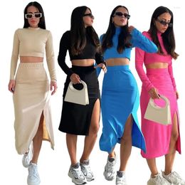 Skirts 2 Pieces Sets Women Elegant Fashion Long Sleeve Sexy Party Tracksuit Crop Top And Split Midi Matching