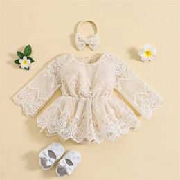 Girl's Dresses Baby Girls Romper Dress Ruffle Long Sleeves Floral Lace Solid Snap Closure Jumpsuit And Headband Baby Spring Fall Clothing